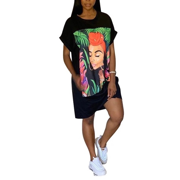 Oversized T Shirt Dress Women Short Sleeve Character Print Tunic Mini Streetwear - Picture 2 of 3